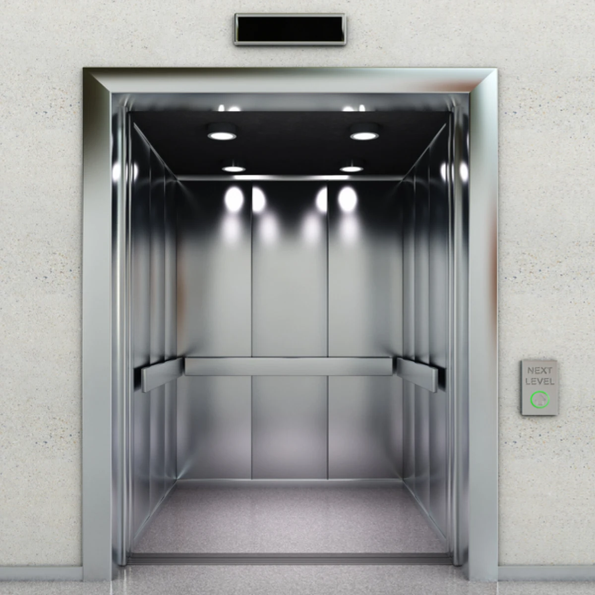 An image of a modern elevator with opened doors