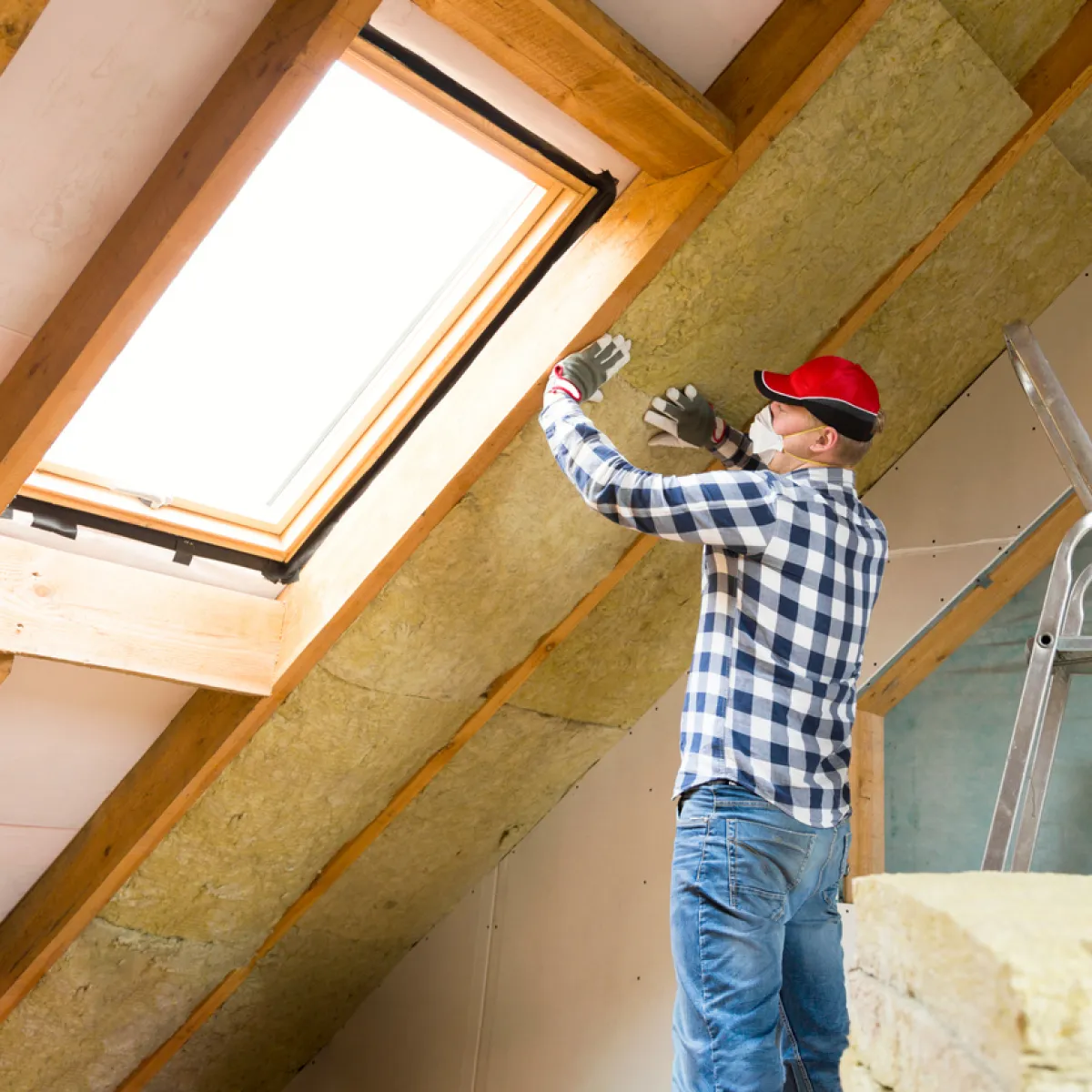 A man is installing insulation to a window in an attic for home renovation. Ecological home concept.